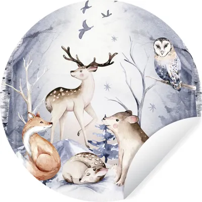 Produktbild von MuchoWow® Runde Wandtattoo - Wandsticker Tapete Aufkleber Wald - Winter - Weihnachten Ø 100 cm Selbstklebend und Repositionierbar - Wandaufkleber - Kreis - Tapetenkreis - Wandbild rund - Schlafzimmerdekoration - Wanddeko - runde Tapete - Kunst für zu Hause