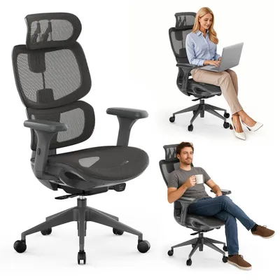 A collage of three images showing an ergonomic office chair. One image shows the chair by itself, another shows a woman working on a laptop while sitting in the chair, and the third shows a man drinking coffee while sitting in the chair.