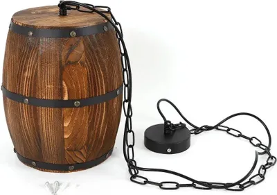 Zdjęcie produktu dla Lampa wisząca w kształcie beczki na wino – styl art déco – drewno i bambus – zawieszenie na łańcuchu – oprawka E26 – możliwość ściemniania – 220 V – żarówka nie wchodzi w skład zestawu – kolor brązowy