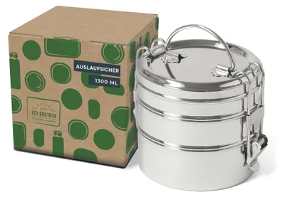 Produktbild von ECO Brotbox - Tiffin Swing+ - auslaufsichere Edelstahl Lunchbox dreilagig rund