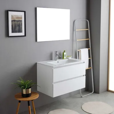 Produktbild von 80 cm Badmöbel-Set aus Waschtisch, Unterschrank und Spiegel, Holzoptik weiß | Bilbao
