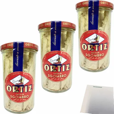 Produktbild von Conservas Ortiz Filetti di Sgombro Makrelenfilets in Olivenöl 3er Pack (3x250g Glas) + usy Block