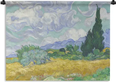 Produktbild von MuchoWow® Wandteppich Wandbehang Weizenfeld mit Zypressen - Vincent van Gogh 90x67.5 cm Tapisserie Dekoration Wandtuch - Fototeppich - Wand-Skulpturen