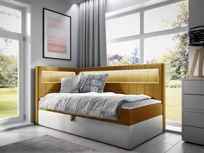 Produktbild von MIRJAN24 Boxspringbett Gold Junior 3 90x200, Einzelbett mit Bonellfederkern, Härtegrad - H3 (Farbe: Soft 017 + Fresh 37, Seite zum Öffnen des Bettkastens: Links)