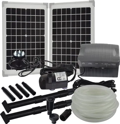 A collection of solar-powered fountain pump components laid out on a white background.