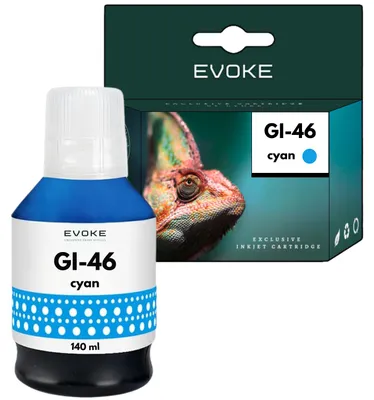 Obrázek produktu pro Inkoustové cartridge Evoke pro tiskárny Canon GI46, barva cyan, objem 140 ml, výtisk 14 000 stran, kompatibilní s modely Maxify GX3040, GX4040, GX4050, GX5040, GX5050, GX6040, GX6050, GX7040, GX7050
