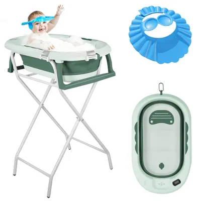 Produktbild von Faltbare Babybadewanne mit Ständer, XL Baby Badewanne Faltbar mit Thermometer, Badekissen und Duschhaube,Babybadewanne Neugeborene,für Baby Geschenk