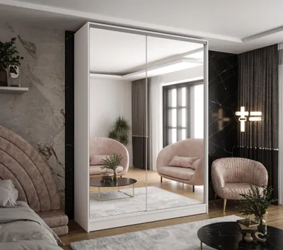 Produktbild von Moderner 2-türiger Kleiderschrank mit Schiebetüren in Weiß mit 2 Spiegeln 170x58x250 cm – für Schlafzimmer und Flur