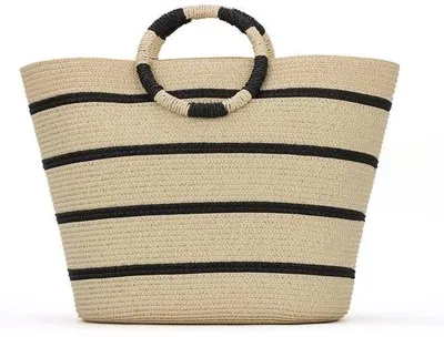 Produktbild von Unyqoos® Große handgefertigte Strandtasche aus 100% Naturstroh, 41 x 16 x 31 cm (L x B x H), gehäkeltes Design, Rattan-Griff, mit Reißverschluss