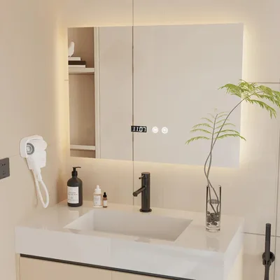Image de Miroir de salle de bain et de maquillage - Miroir mural LED rectangulaire sans cadre - Éclairage à intensité variable - Anti-buée -tactile - Port USB - Horloge - 70 × 50 cm
