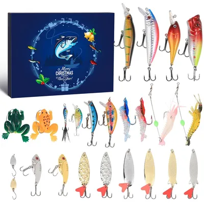 A collage of fishing lures and a Christmas-themed box.