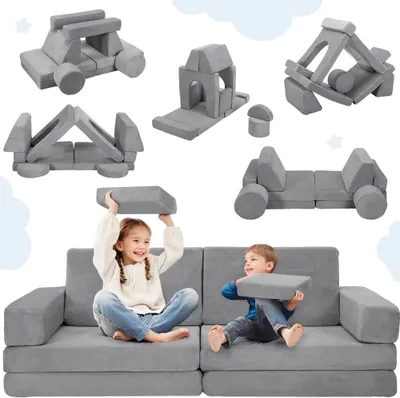 Produktbild von CAVEEN 14-teiliges Weiches Spielsofa, Baby-Spielzimmermöbel, umwandelbarer Kindersofa mit Schlaffunktion, Bodenkissen für Spielzimmer, Grau
