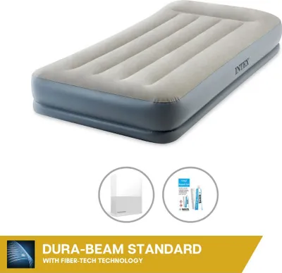 Produktbild von Intex Luftbett - 1 Person - 99 x 191 x 30 cm - Grau - Mit eingebauter Pumpe + Spannbettlaken Weiß + Reperaturset