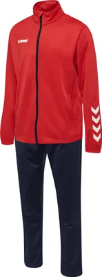 A red and navy blue tracksuit is displayed against a white background.