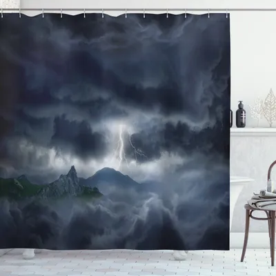 Produktbild von ABAKUHAUS Natur Duschvorhang, Stromy Himmel über Bergen, Set inkl.12 Haken aus Stoff Wasserdicht Bakterie und Schimmel Abweichent, 175 x 180 cm, Blau