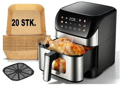 Produktbild von OYAJIA Heißluftfritteuse 8 Liter mit 20 Stk Backpapier, 1800W, 10-in-1 Airfryer, Air fryer, Spülmaschinenfeste Körbe, 10 Programme, Grillen, Backen