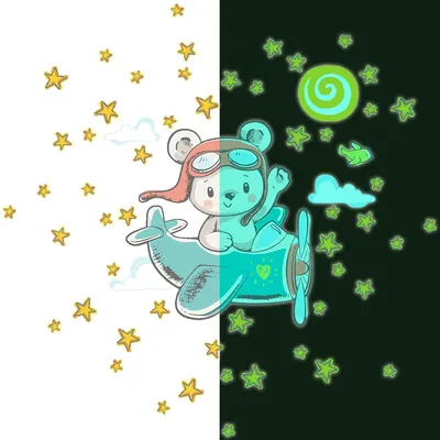 Produktbild von Leuchtsticker – Pilotbär + 50 Sterne – Fluoreszierender Wand-/Deckensticker für Kinder – 120 x 130 cm