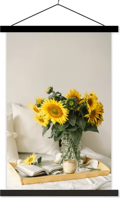 Produktbild von MuchoWow® Textilposter Stilleben - Tablett - Sonnenblumen 120x180 cm mit schwarzem Rahmen - Fotos