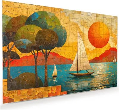 Produktbild von Glasbild 120x80cm in XXL für Wohnzimmer, Schlafzimmer Motiv Segelboot im Sonnenuntergang