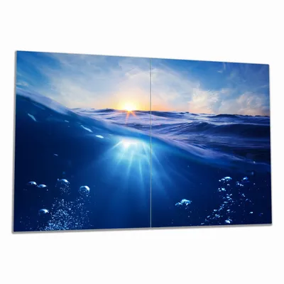 Produktbild von Wallario Herdabdeckplatte aus Glas, Größe 80 x 52 cm 2-teilig, Motiv Wellen im Meer bei Sonnenuntergang
