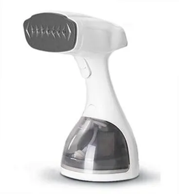 A white handheld garment steamer with a gray steaming plate and a transparent water reservoir.