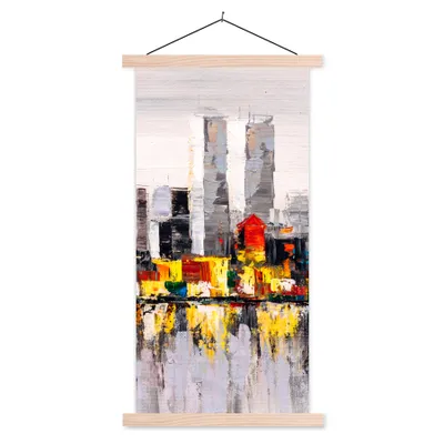 Produktbild von MuchoWow® Textilposter Gemälde - Skyline - Farben - Ölfarbe 60x120 cm mit holzfarbenen Rahmen - Holz