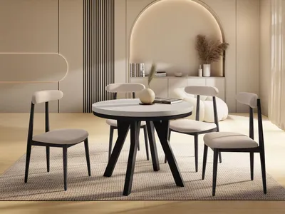 Produktbild von Runder Ausziehbarer Esstisch im Loft-Stil – Industrieller Tisch mit Schwarzen Holzbeinen – Platzsparender Esstisch für Wohnzimmer – Kiefer Weiß – 90 bis 190 cm