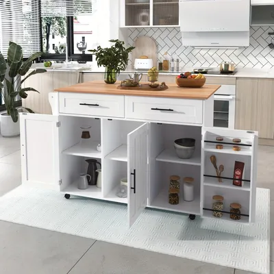 Obrázek produktu pro Kuchyňský vozík - Servírovací vozík - Kuchyňský vozík - Úložný vozík - Mobilní skříň - Bílá barva - Pevná dřevěná pracovní deska