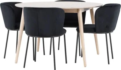 Zdjęcie produktu dla Flora zestaw do jadalni stół Ø120cm i 4 krzesła whitewash, czarne.