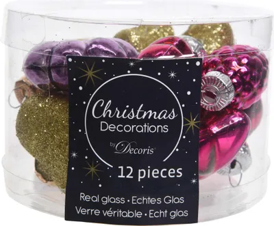 Produktbild von Christbaumschmuck Figuren Mix Glas 4cm 12er Set - Lila / Fuchsia /Gold