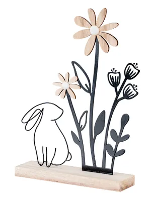 Produktbild von Deko Aufsteller Ostern L19cm Metall Holz Osterhase Blume Natur Schwarz Tischdeko Frühling Osterdeko