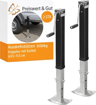 Produktbild von 2x Ausdrehstützen 3500kg mit Kurbel klappbar, höhenverstellbare Kurbelstützen 63,5-112cm, Anhängerstütze Stahl verzinkt