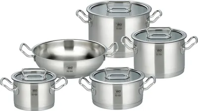A set of five stainless steel pots and pans with glass lids, arranged on a white background.