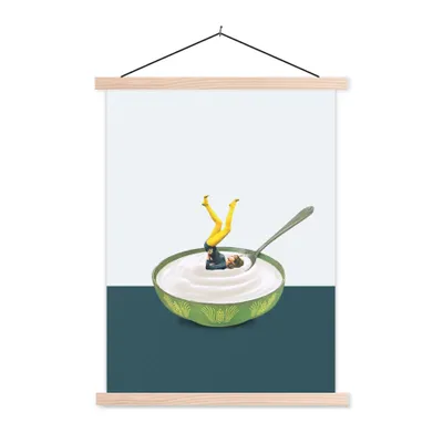 Produktbild von MuchoWow® Textilposter Joghurt - Yoga - Retro 60x80 cm mit holzfarbenen Rahmen - Wandbild