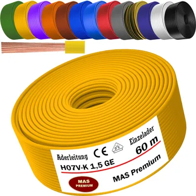 Productafbeelding van 60 meter aderkabel H07 V-K GE, 1x1,5 mm², geel, enkeldradig, flexibel