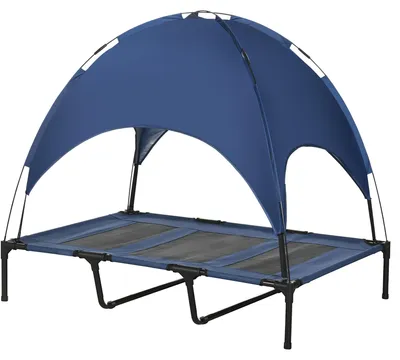 Productafbeelding van PawHut huisdierbed met luifel, verhoogd hondenbed, buiten gebruik, donkerblauw