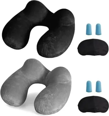 Produktbild von 2-Set Reisekissen Aufblasbares/Nackenkissen Ergonomisch Aufblasbare Hergestellt waschbarem Kissenbezug Nackenhörnchen ideal für Reisen mit dem Auto, Flugzeug, Zug, Büro(Schwarz+Grau)