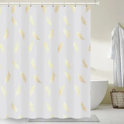 Produktbild von LIONMOOD Duschvorhang - Badewannen Vorhang inkl. Haken - Polyester Textil - 180x200cm - Pflanzen-Blätter Gold