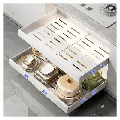 Produktbild von 2er Set Teleskopschublade Ausziehbar: 42 cm Küchenschrank Schubladenauszug mit Kleber, Ordnung ohne Bohren für Küchenhelfer, Breite 32-52 cm