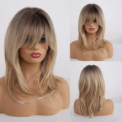 Produktbild von Schwarze, schulterlange synthetische Haube für Frauen mit Pony, 18 Zoll tiefe Wurzeln, hellblonde Haube