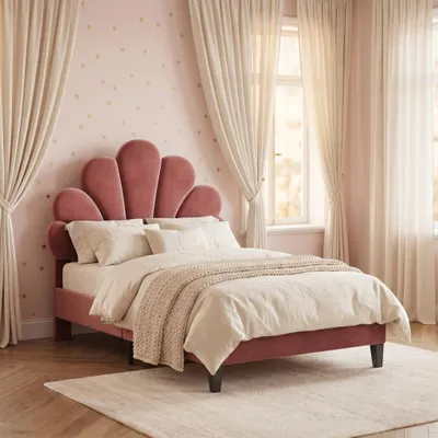 Produktbild von INONEFT Kinderbett 90x200cm, mit Blumenkopfteil, Mädchenbett mit Lattenrost, Einzelbett, Polsterbett, Jugendbett, Gästebett, Samt, Bohnenrot