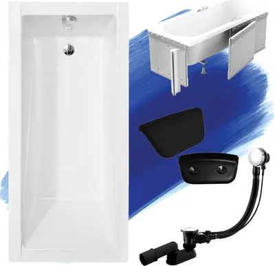 Image de Baignoire rectangulaire Set 5in1 160x70 avec vidage Premium et pieds S + habillage (polystyrène) + appui-tête en noir | BADLAND MODERNE