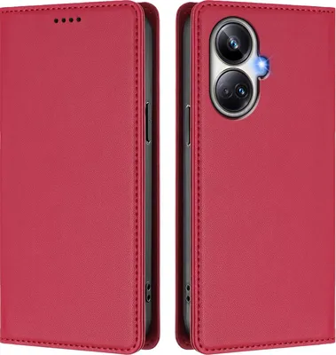 Image de Étui en cuir pour Realme 10 Pro+, étui à rabat magnétique en cuirPolyuréthaneavec support, rouge