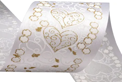 Satinband 80mm x 10m, f. Hochzeitsdekorationen, weiß m. Goldglitter