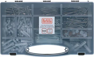 Produktbild von BLACK+DECKER Set Nägel, Dübel und Schrauben – 560teilig – Sortimentsbox