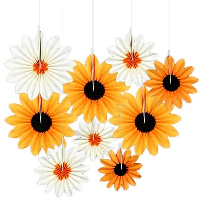 Productafbeelding van Zonnebloem-papierfannenset voor decoratie - 9-delig - Wanddecoratie - 20 cm, 25 cm en 35 cm