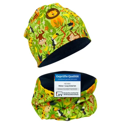 Produktbild von HECKBO Kinder Beanie Wintermütze & Schal Set - Dschungel - 2-6 Jahren - 95% Baumwolle mit Vlies Fleece Mütze - Einheitsgröße