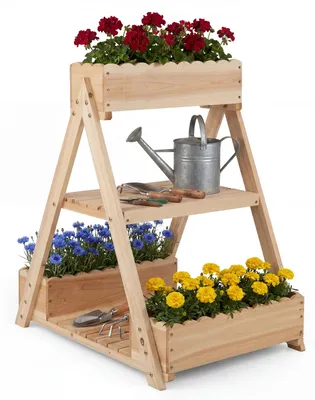 Produktbild von COSTWAY vertikales Hochbeet 3 Etagen, Blumenbeet Holz, Blumenbeet mit 3 Pflanzkästen & 2 Ablagen, A-Rahmen Blumentreppe, Blumenkasten 66x58x60cm
