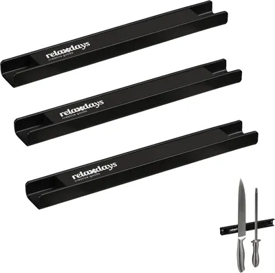 Productafbeelding van Magneetstrip gereedschap - Set van 3 - 20 cm lang - Staal - Messenhouder keukenmessen - Aan muur - Zwart