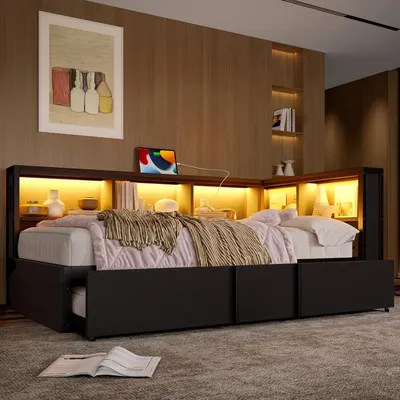 Productafbeelding van Metalen daybed 90x200 cm met uitschuifbaar bed, 5 kasten, LED-hoofdbord, USB en stopcontacten, zwart, metaal en MDF, AI-gegenereerde afbeelding